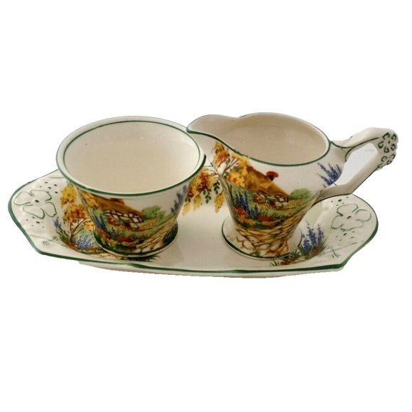 VITG 1950s~JAMES KENT ENGLAND~”Sunnyside” Porcelain Creamer & Open Sugar w/ Tray - Picture 1 of 5
